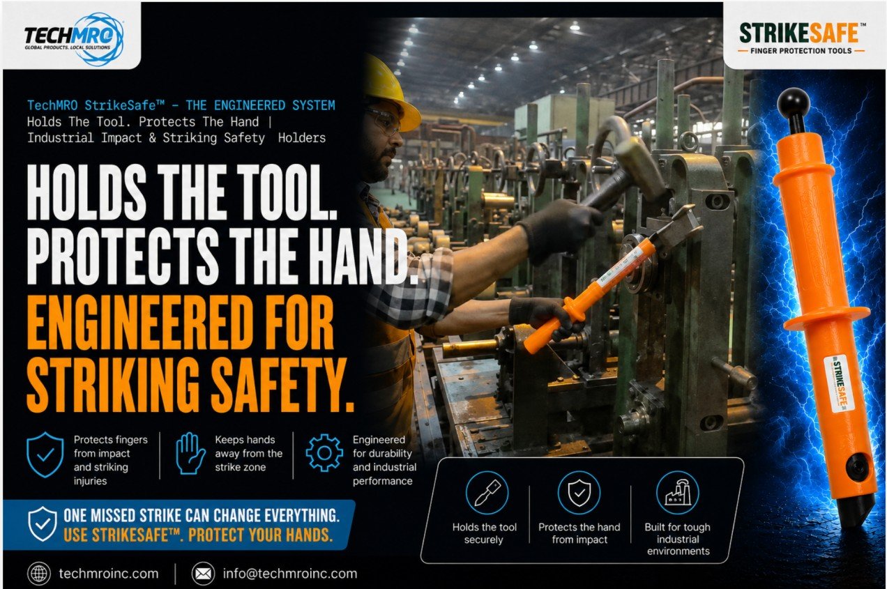 TechMRO StrikeSafe engineered-tool artwork showing an industrial striking application and orange holder